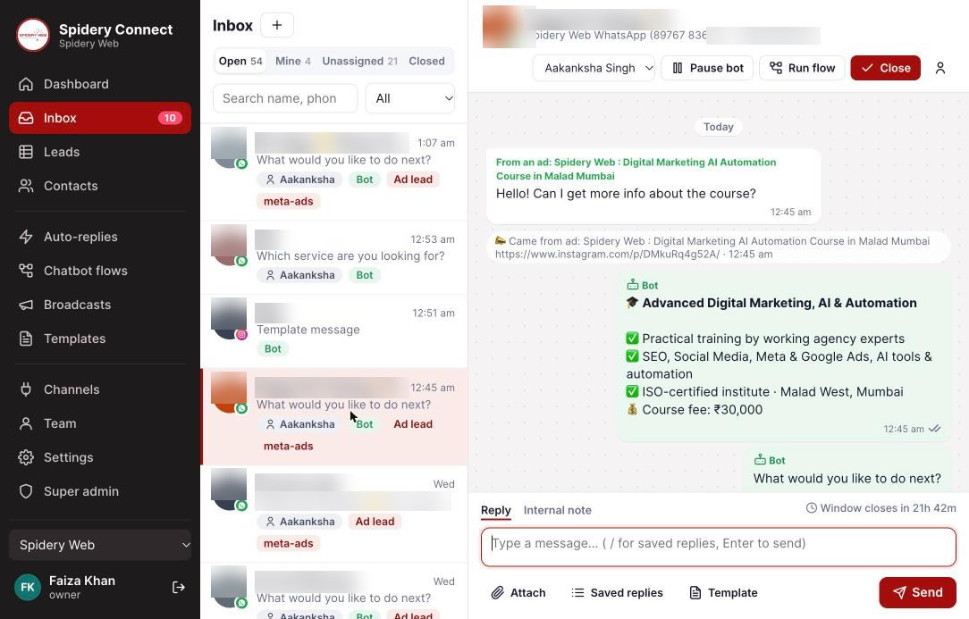 Spidery Web Connect shared inbox with a WhatsApp chatbot replying to an ad lead automatically; contact details blurred