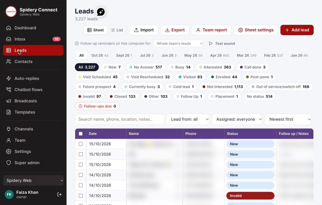 Spidery Web Connect lead sheet CRM with lead statuses, month filters and follow-up notes; names and phone numbers blurred