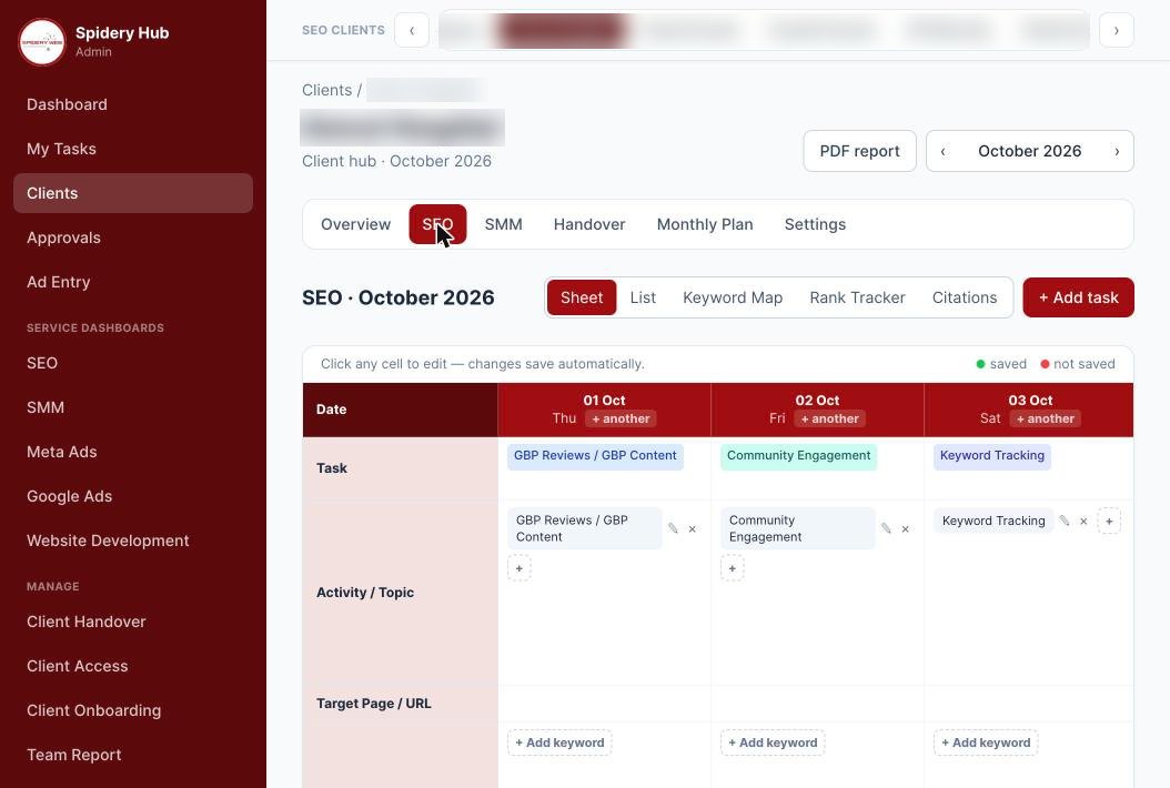 Spidery Hub client SEO sheet — daily SEO tasks, GBP posts and keyword tracking for a client