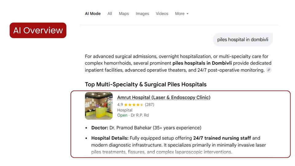 Amrut Hospital — “Piles hospital in Dombivli” (Google AI Overview), healthcare digital marketing agency in mumbai proof by Spidery Web