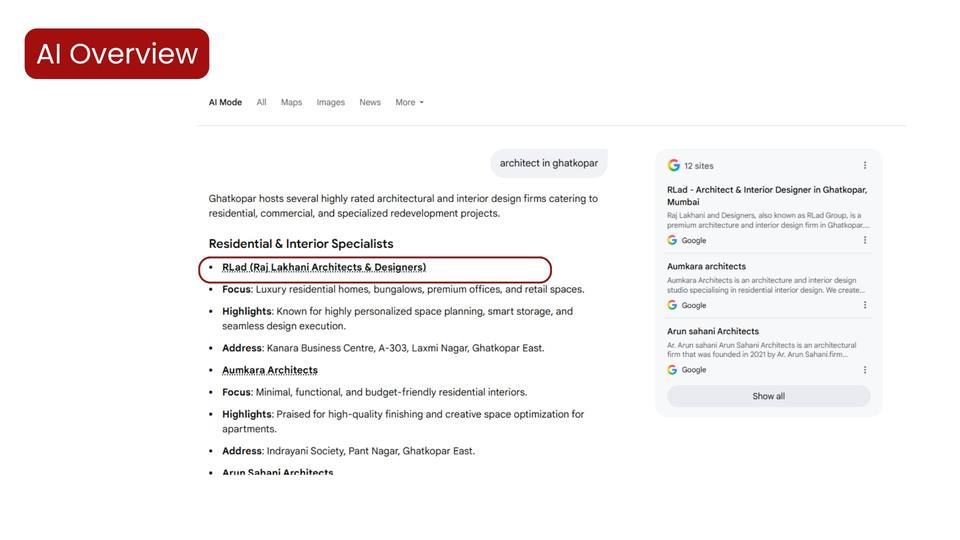 Raj Lakhani Architects — Recommended among residential & interior specialists (Google AI Overview), real estate digital marketing agency in mumbai proof by Spidery Web