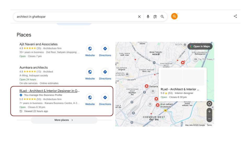 Raj Lakhani Architects — Architect searches in Ghatkopar (Local pack), real estate digital marketing agency in mumbai proof by Spidery Web